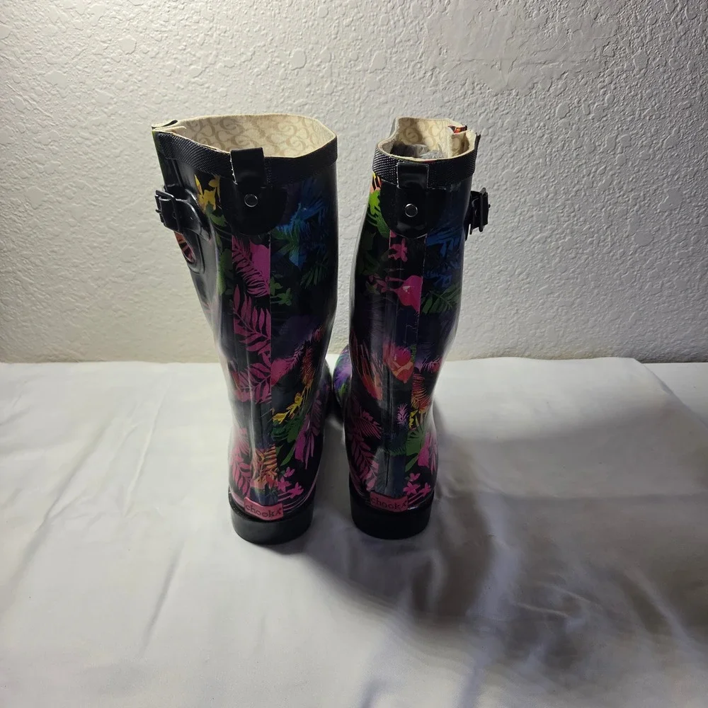 Chooka Womens Tropical Floral Tall Rain Boots Black Multi Color Size 11